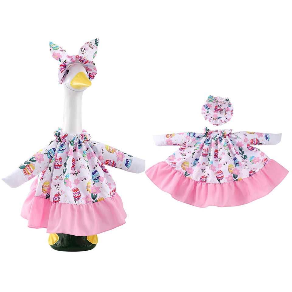 POZMTIORE Easter porch goose outfit dress on pink floral print for curb appeal