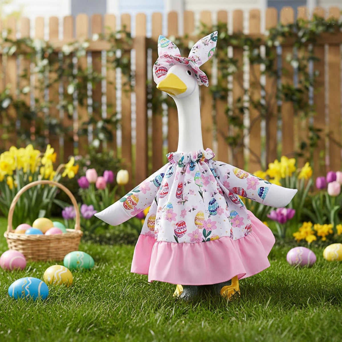 POZMTIORE pink Easter egg print dress enhances spring lawn display on goose