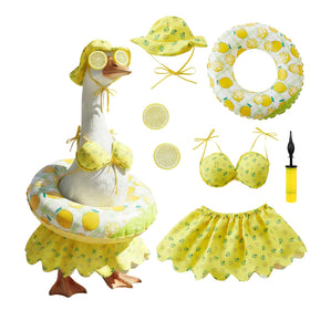 POZMTIORE lemon bikini top on a goose statue adds bright summer charm.