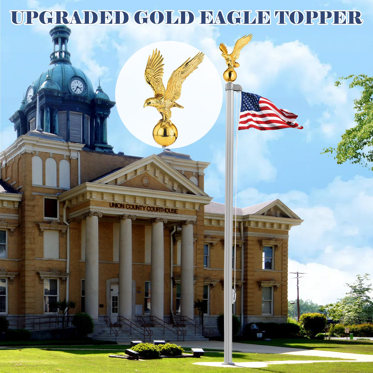 PPQ gold ball finial sits atop flagpole, provides balanced decorative finish.