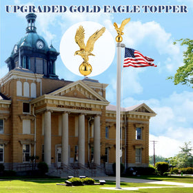 PPQ gold ball finial sits atop flagpole, provides balanced decorative finish.