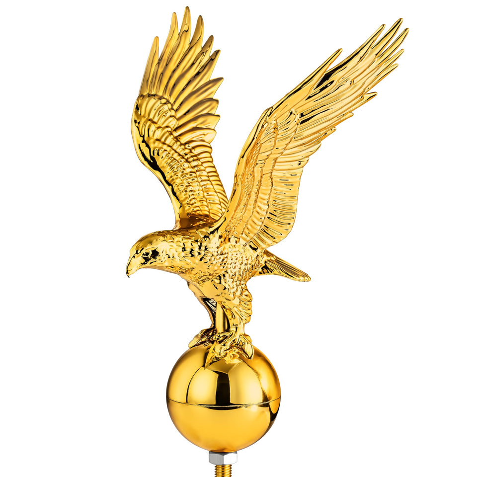 PPQ gold eagle topper on flagpole, adds majesty and sunlit shine.