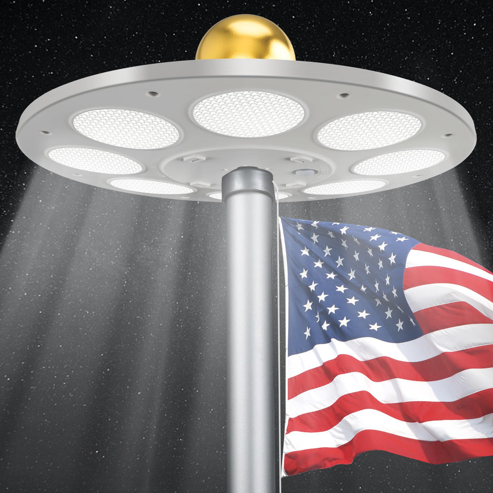 PPQ solar flag light with 136 LEDs delivers full flag coverage after dusk.