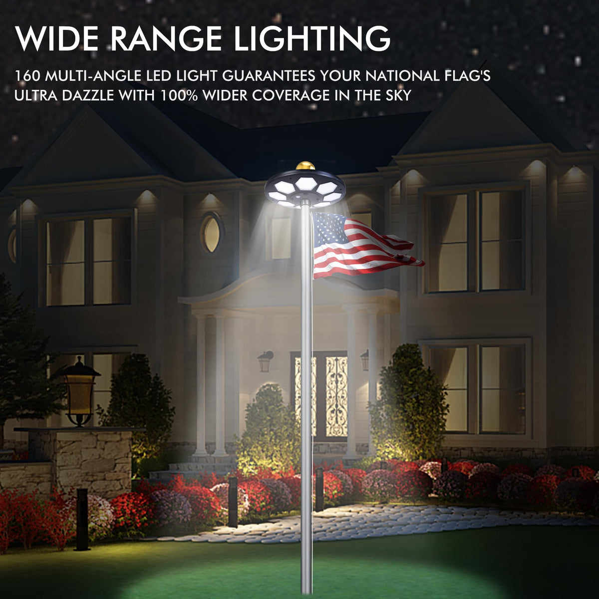 PPQ solar panel array powers extended dusk-to-dawn lighting for steady nighttime visibility.
