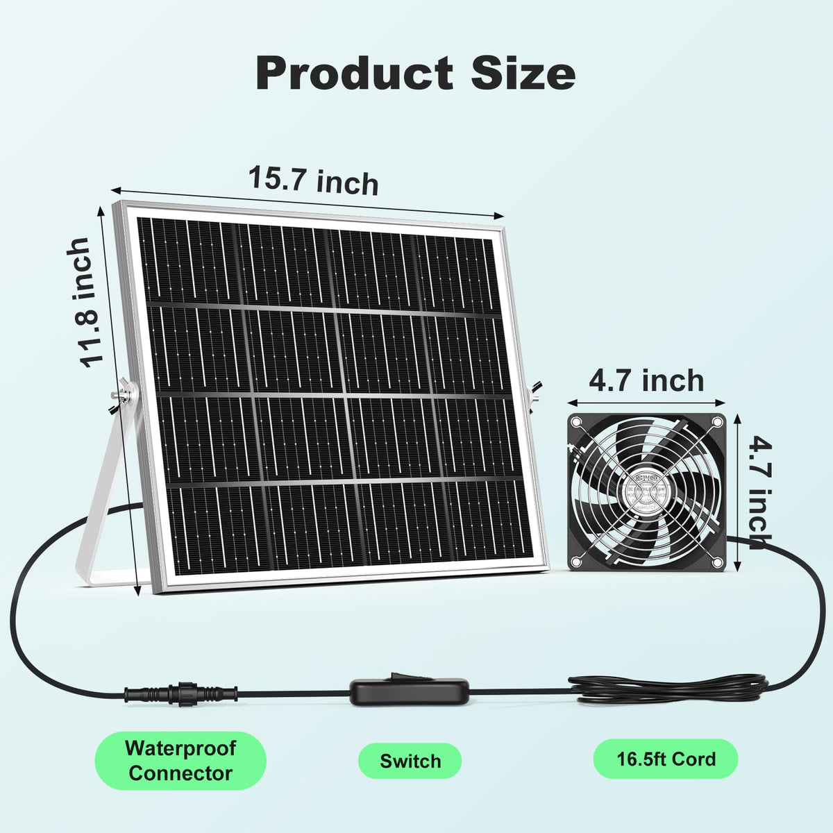 pqins solar greenhouse fan 3 kit close-up on durable aluminum guards.