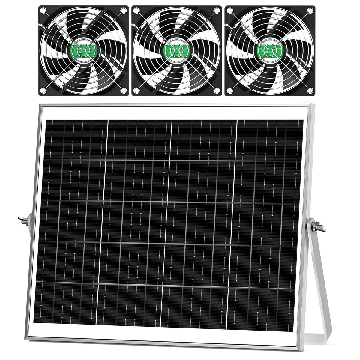 pqins solar greenhouse fan 3 kit panel outdoors for efficient sunlight-powered cooling.