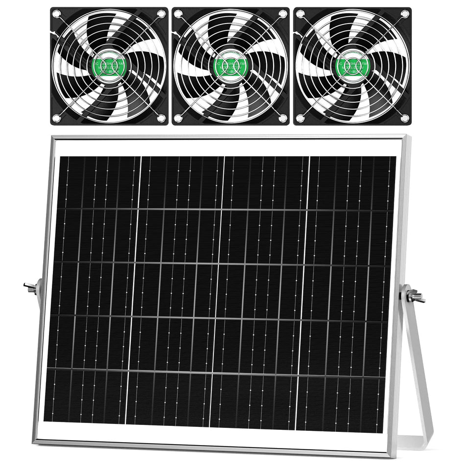 pqins solar greenhouse fan 3 kit panel outdoors for efficient sunlight-powered cooling.