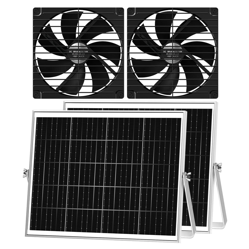 PQINS solar greenhouse fan pair setup improves air circulation in outdoor spaces
