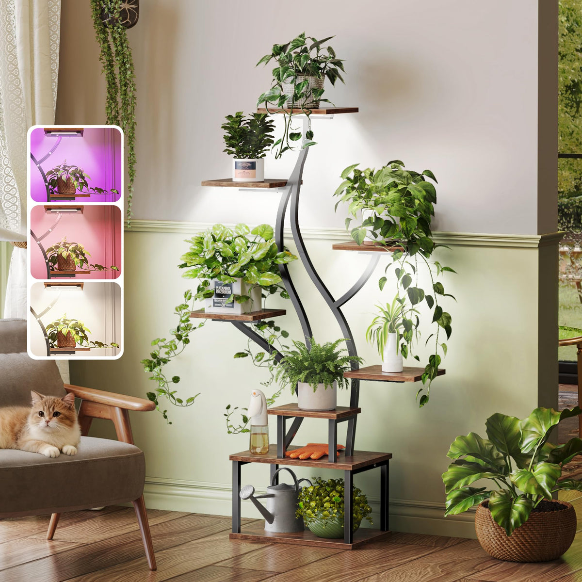 PRAISUN plant stand with grow light front view for year-round plant care