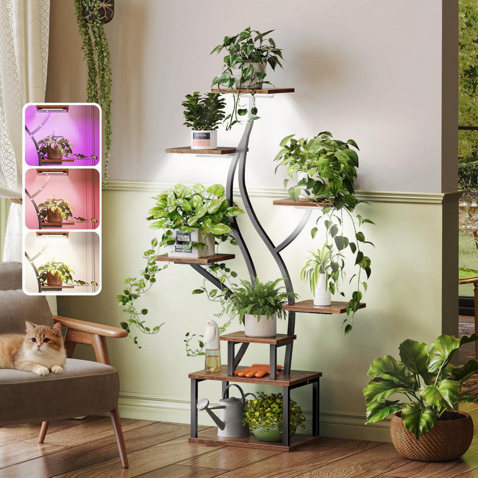 PRAISUN plant stand with grow light front view for year-round plant care