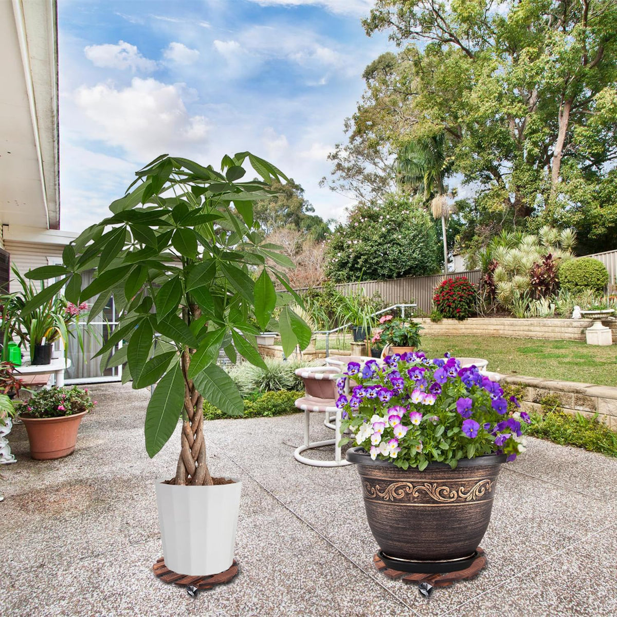 PRAQECZ heavy-duty wooden plant stand keeps large pots steady outdoors.