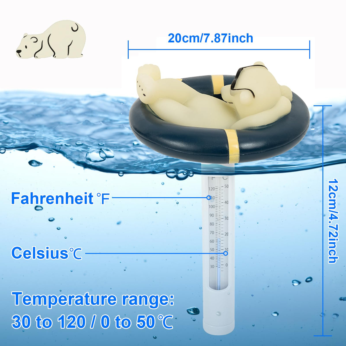 PRASBURR polar bear water thermometer displays temps for ice baths and pools.