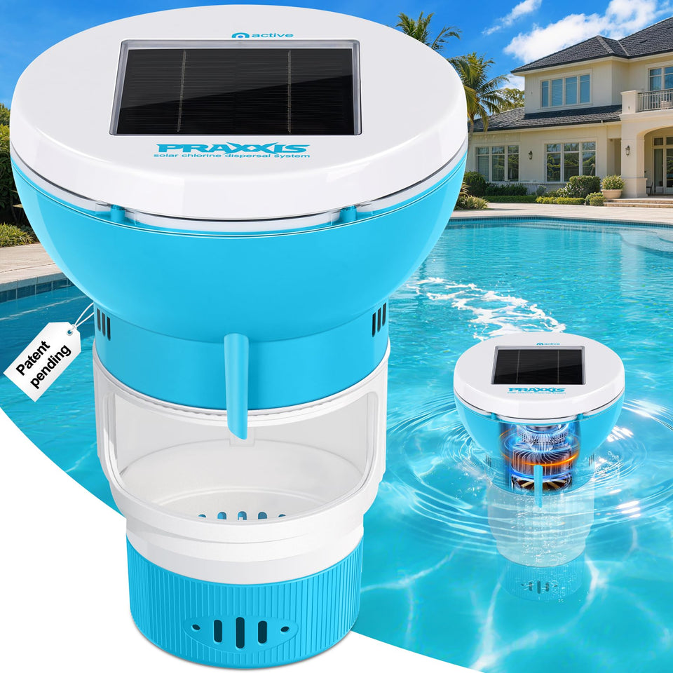 PRAXXIS chlorine floater with solar pump shows active circulation for even release