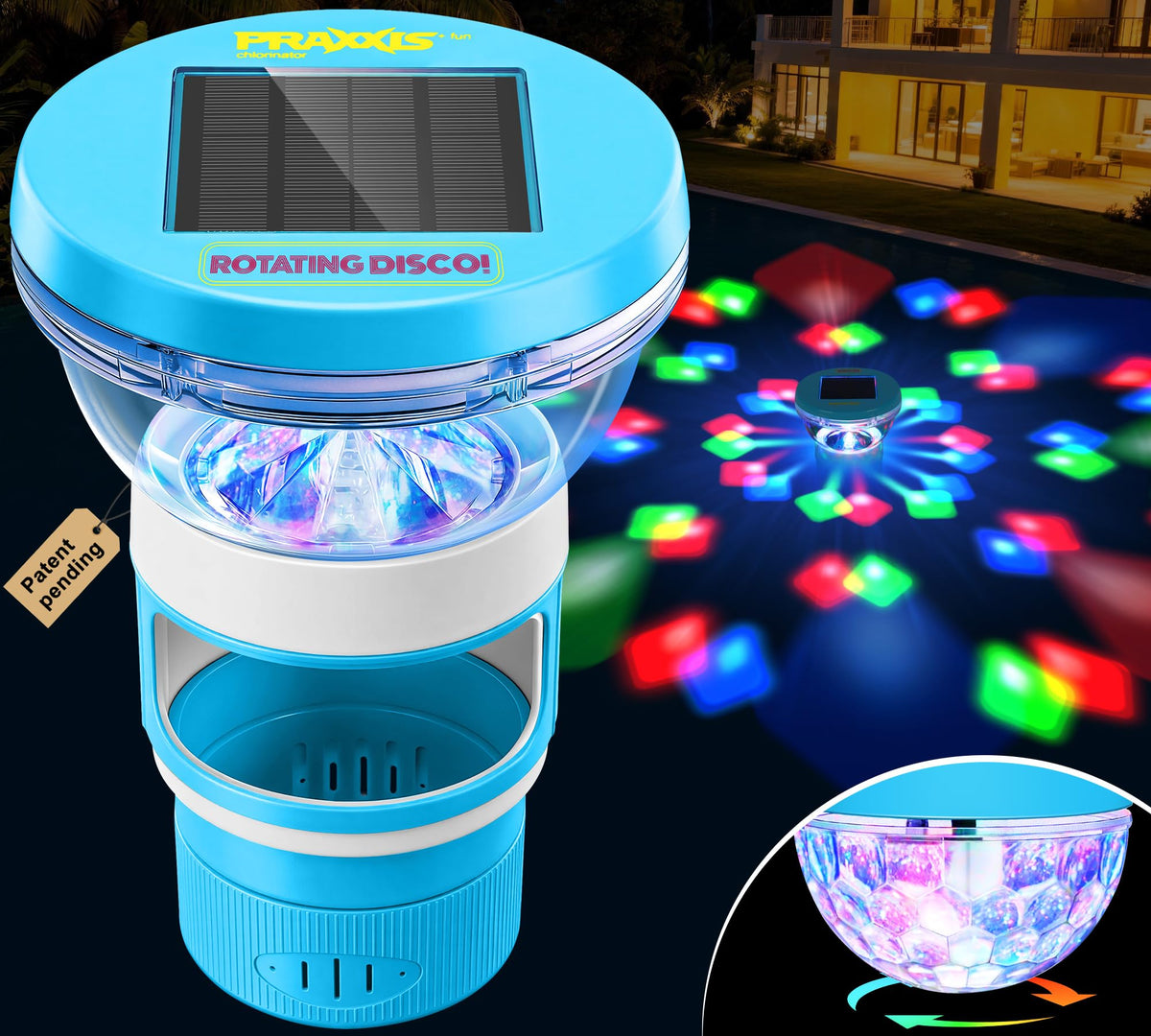 PRAXXIS solar chlorine floater with disco light brightens pool parties and adds ambience.