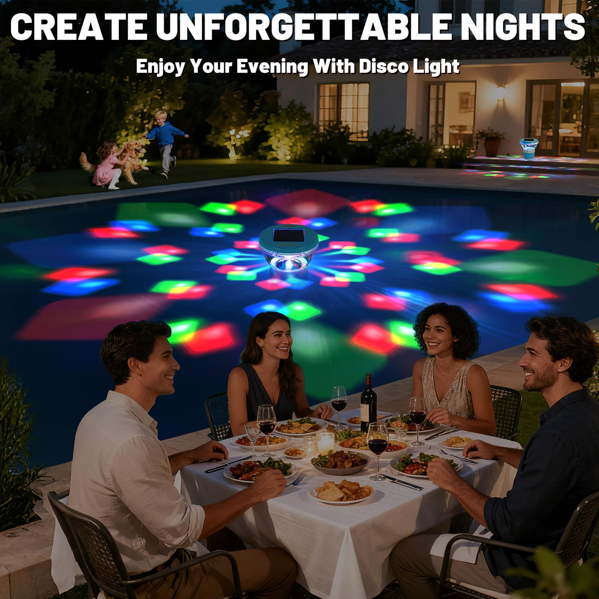 PRAXXIS disco glow creates a kaleidoscope of color during night swims.