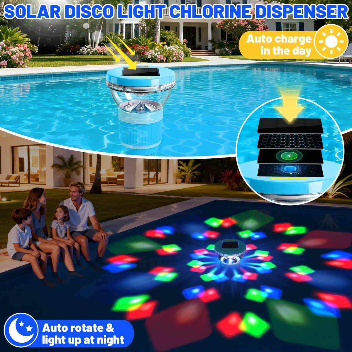 PRAXXIS floater charges in sun and lights up at night for safe evening swimming.