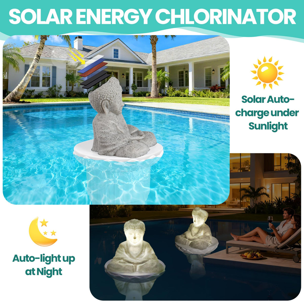 PRAXXIS solar-powered Buddha light glows softly at dusk