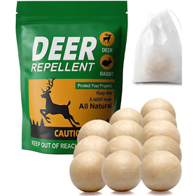 PRBSOQ deer and rabbit repellent balls beside healthy plants deter browsing