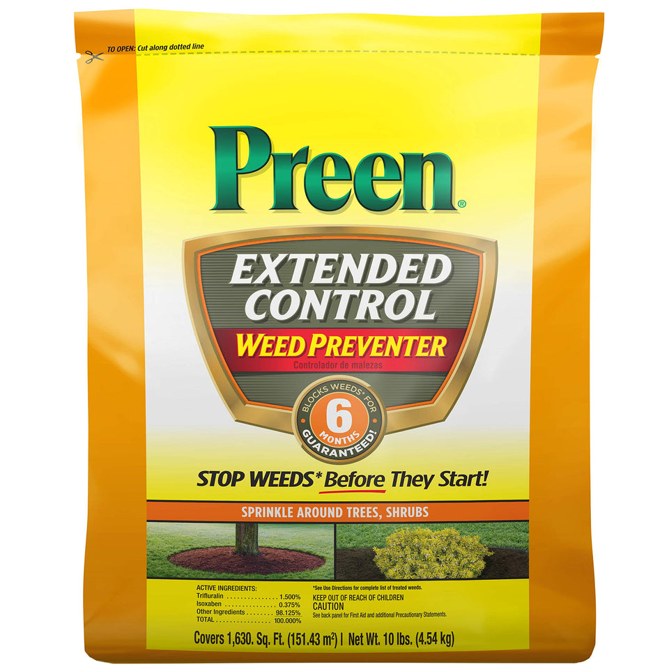 Preen Extended Control Weed Preventer 10 lb bag blocks weeds for up to six months.