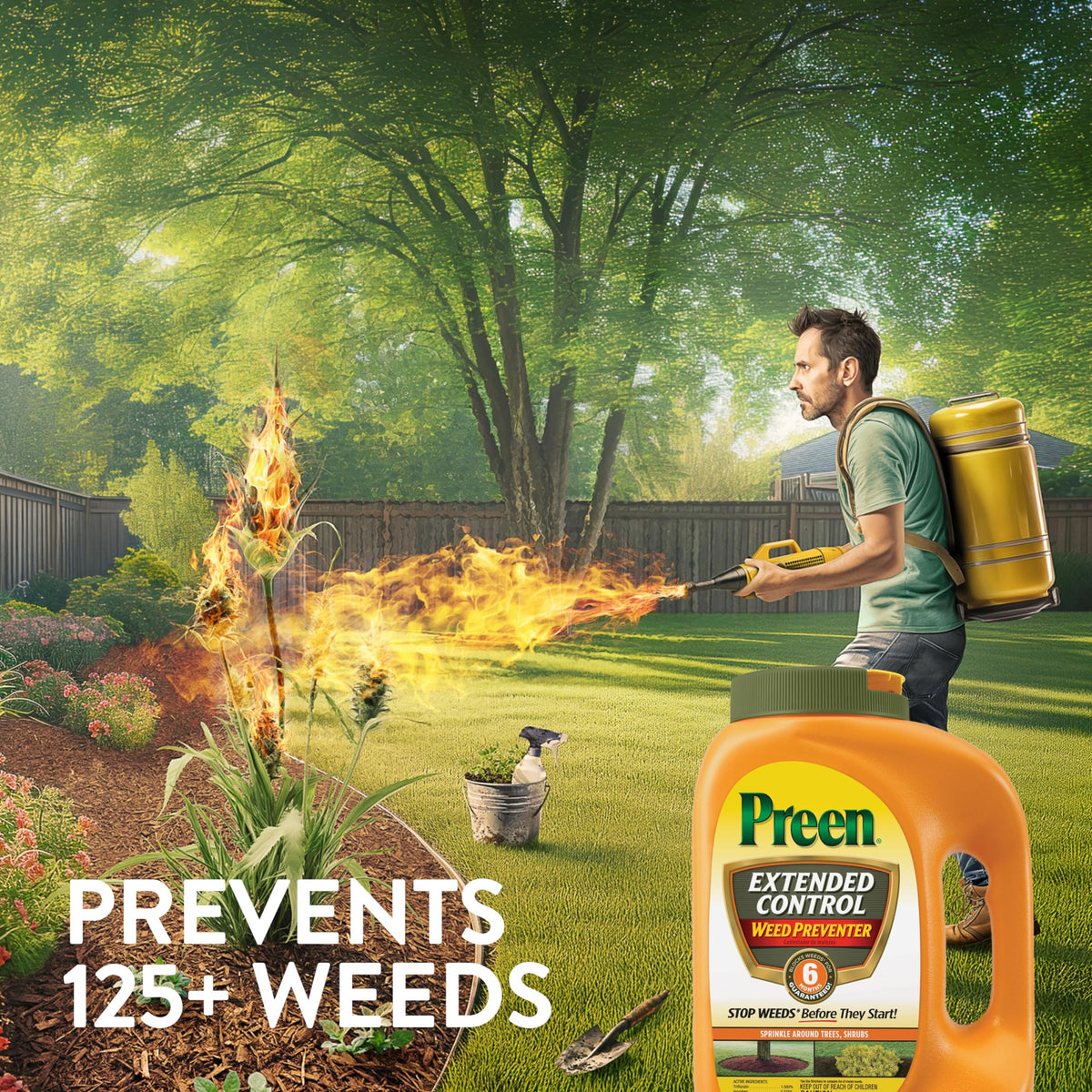 Garden bed setup using Preen Extended Control Weed Preventer around plants