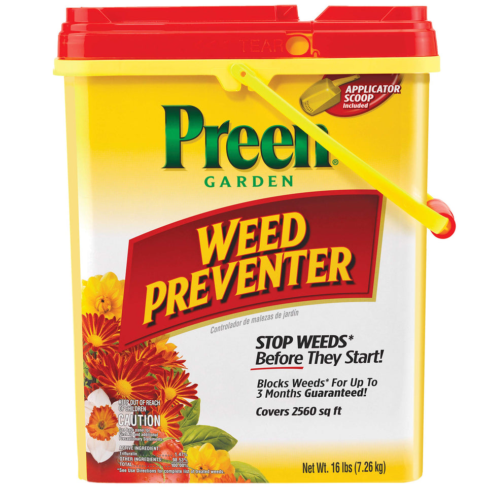 Preen Garden Weed Preventer 16 lb pail ready for bed application