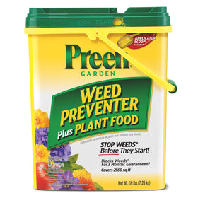 Preen Garden Weed Preventer Plus Plant Food 16 lb bag ready to feed plants and prevent weeds.