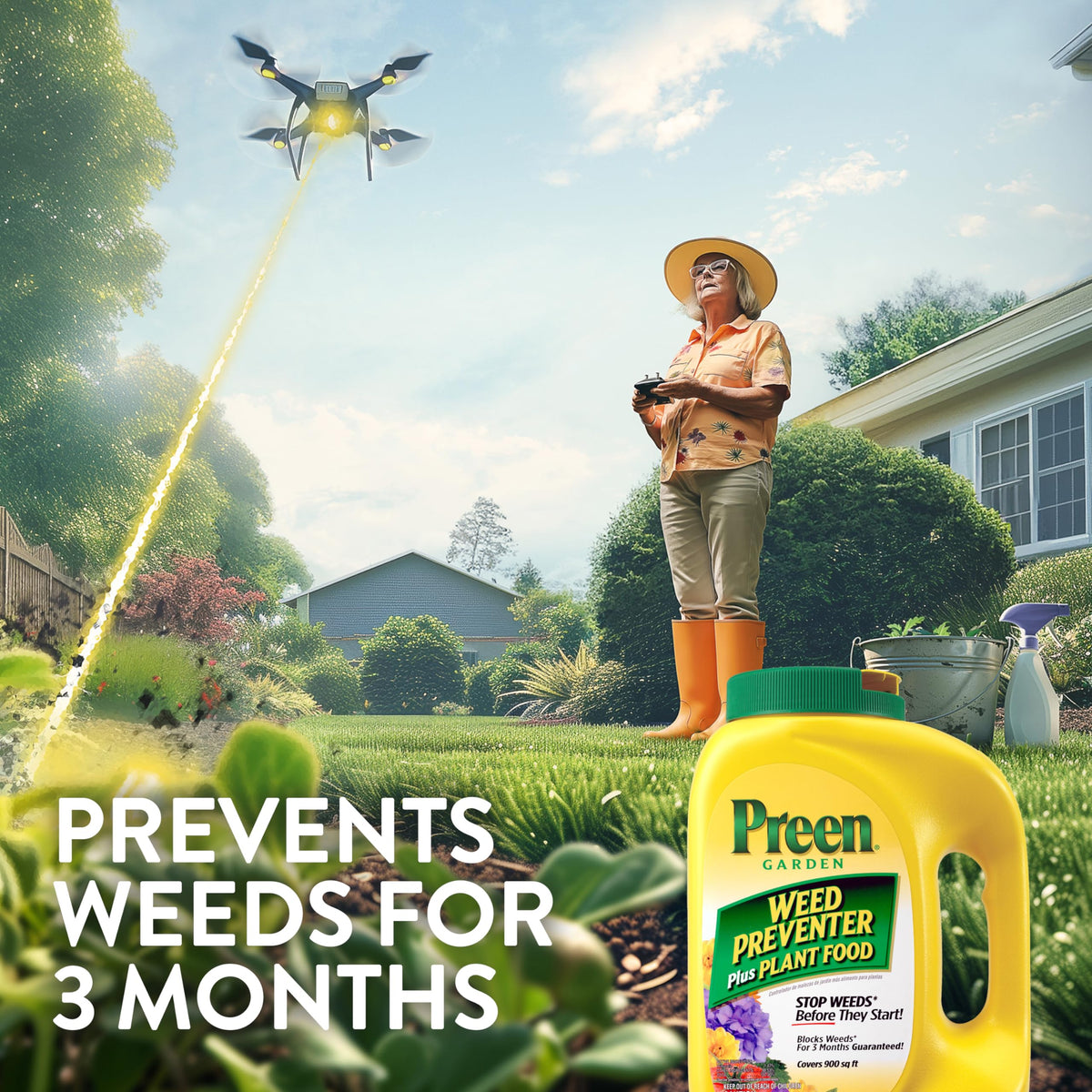Garden bed application image shows Preen in action for weed prevention and feeding.