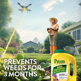 Garden bed application image shows Preen in action for weed prevention and feeding.
