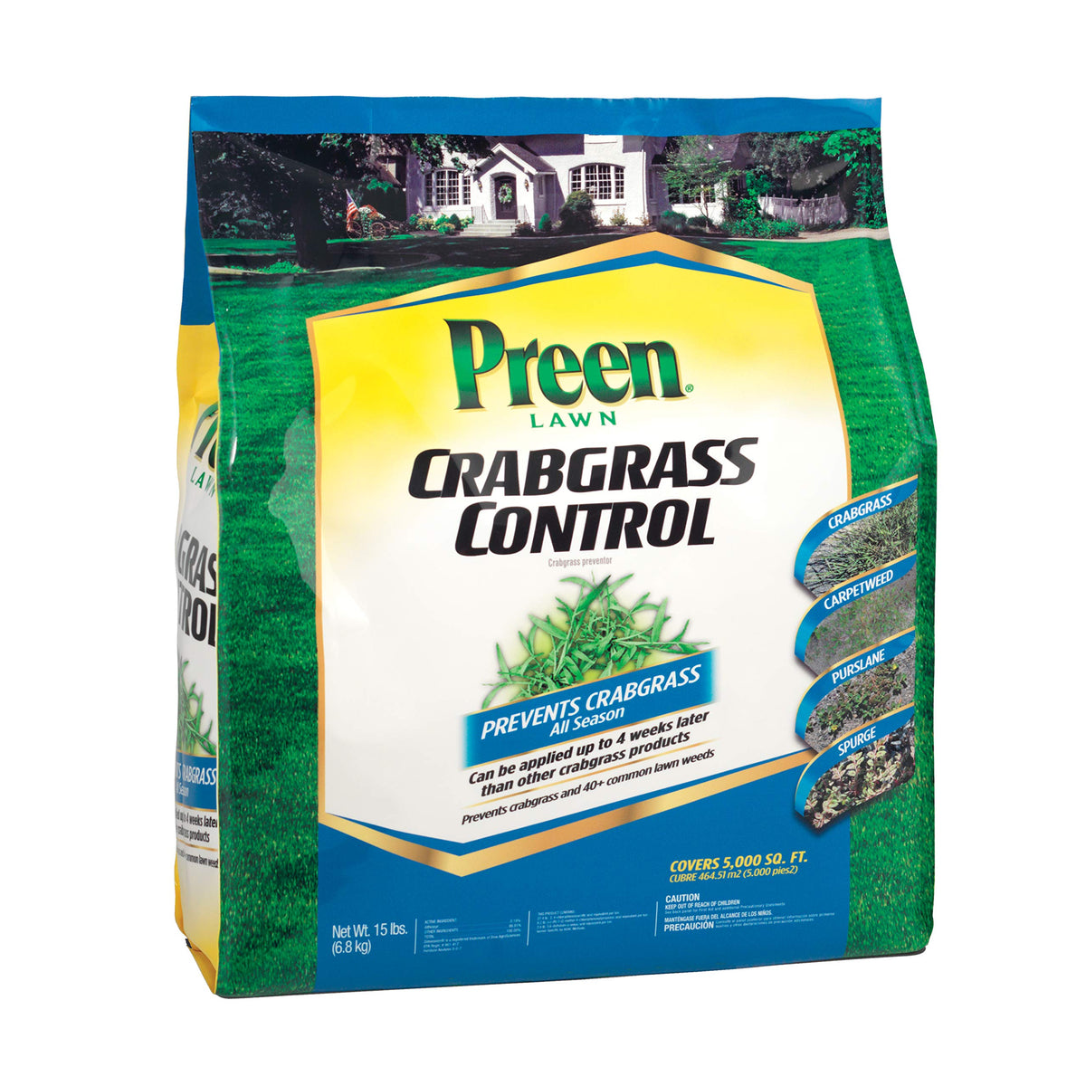 Preen Lawn Crabgrass Control bag label demonstrating season-long weed prevention.