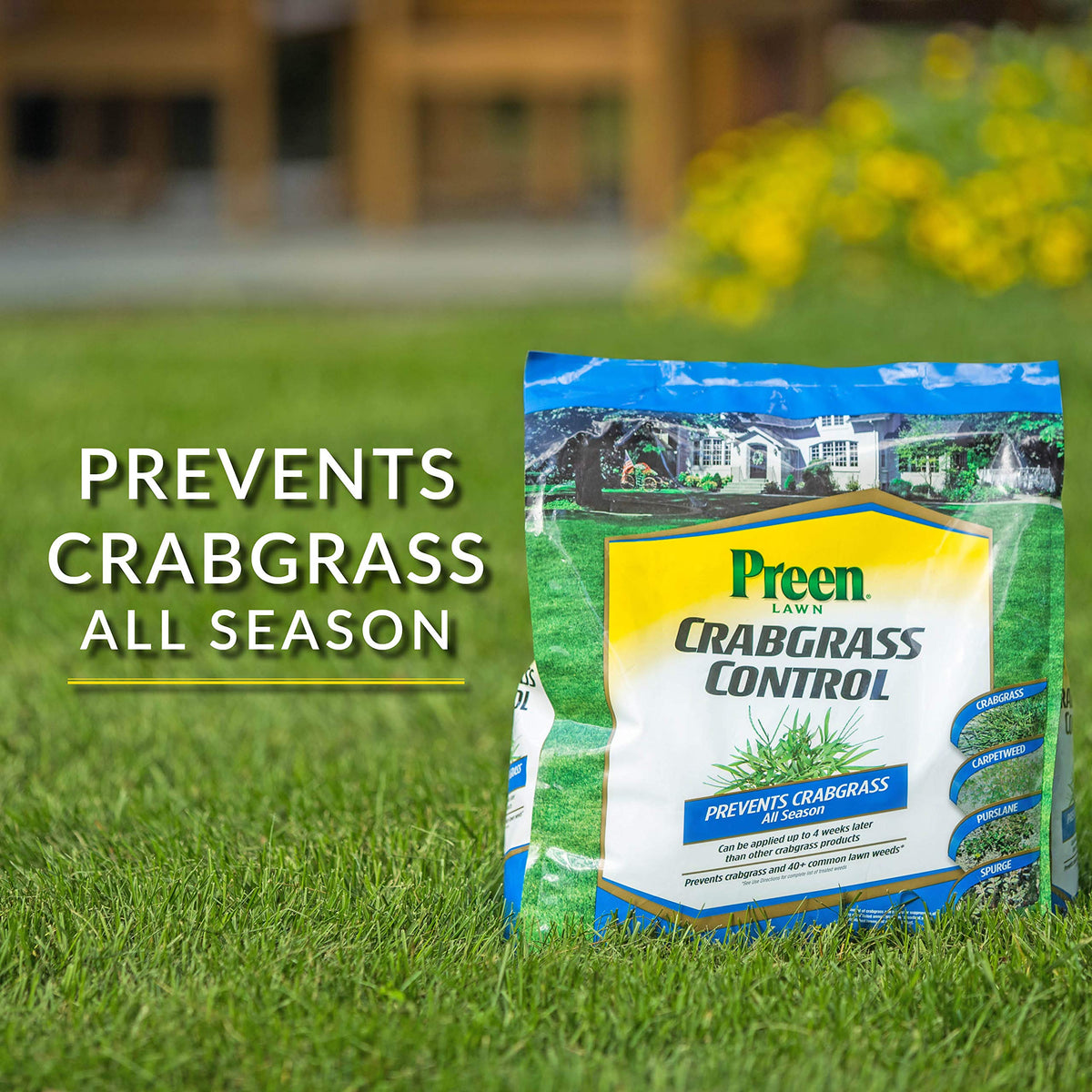 Preen Lawn Crabgrass Control bottle close-up for easy spring application and post-emergence control.