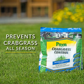 Preen Lawn Crabgrass Control bottle close-up for easy spring application and post-emergence control.