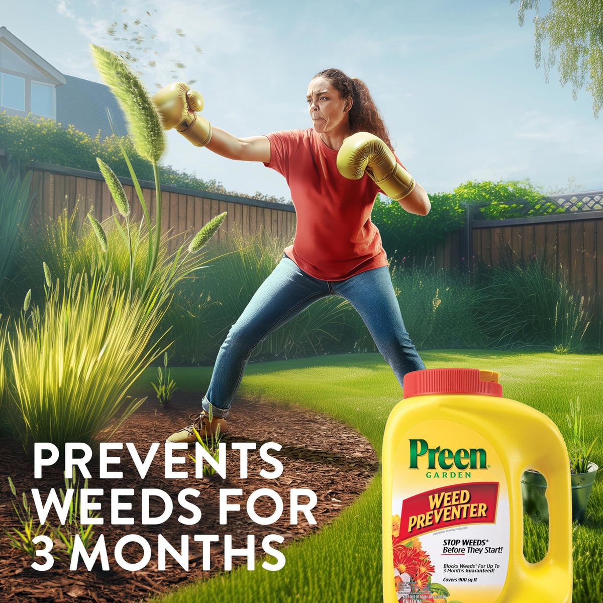 Spreading Preen for even coverage across a flower bed.