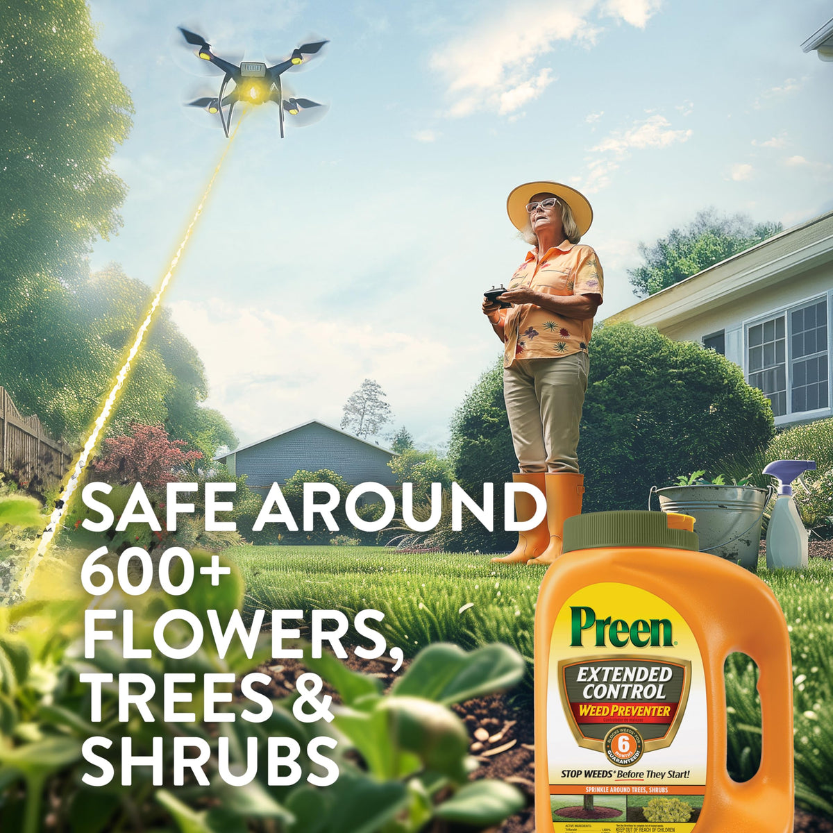Preen Extended Control weed preventer label close-up for perennials and shrubs.