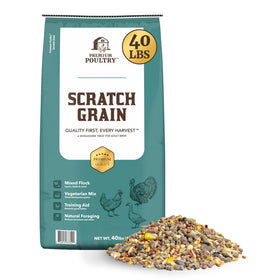 Premium Poultry chicken scratch grain bag for healthy foraging in a backyard flock.