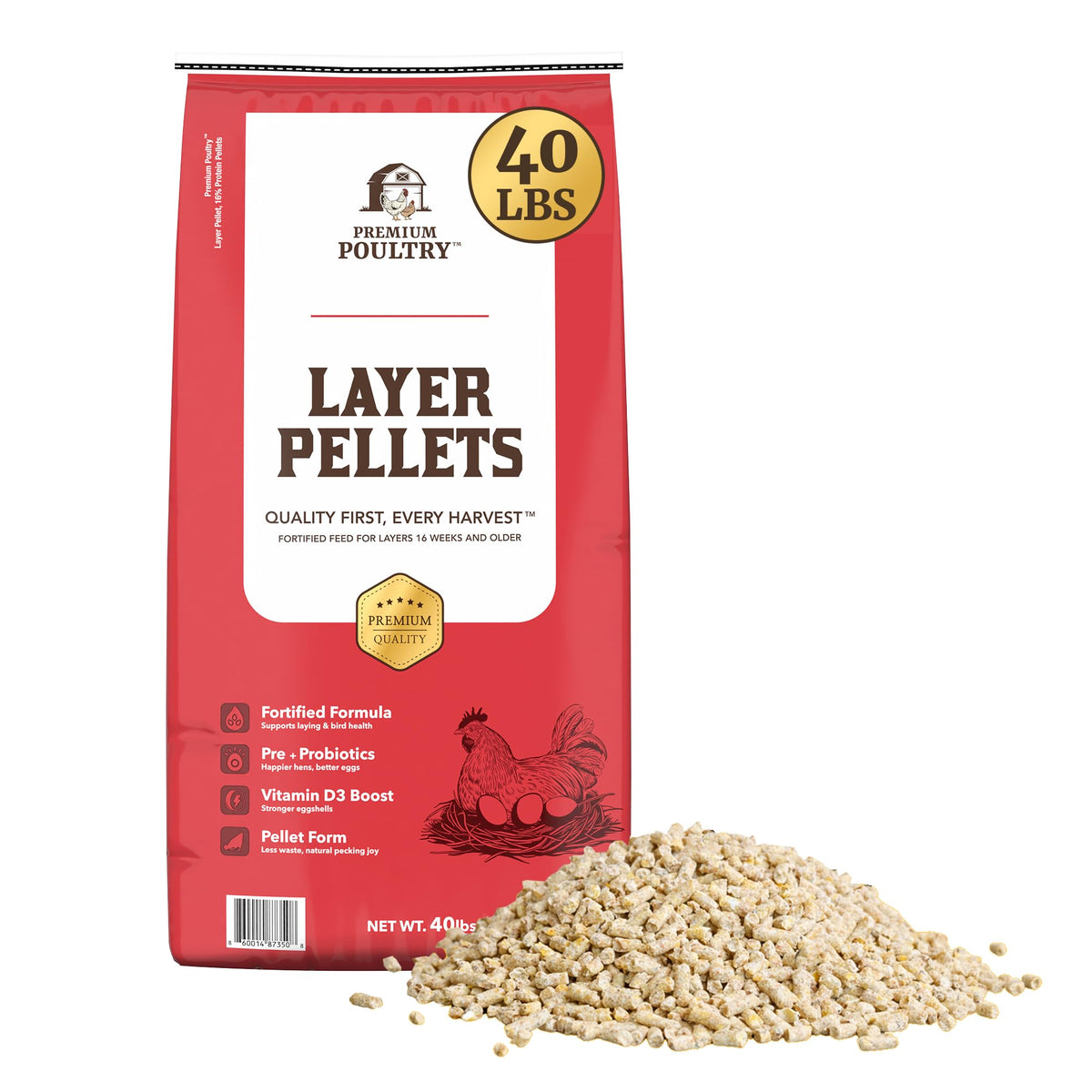 Premium Poultry Layer Pellet Feed 40lbs promotes steady egg production and balanced nutrition.