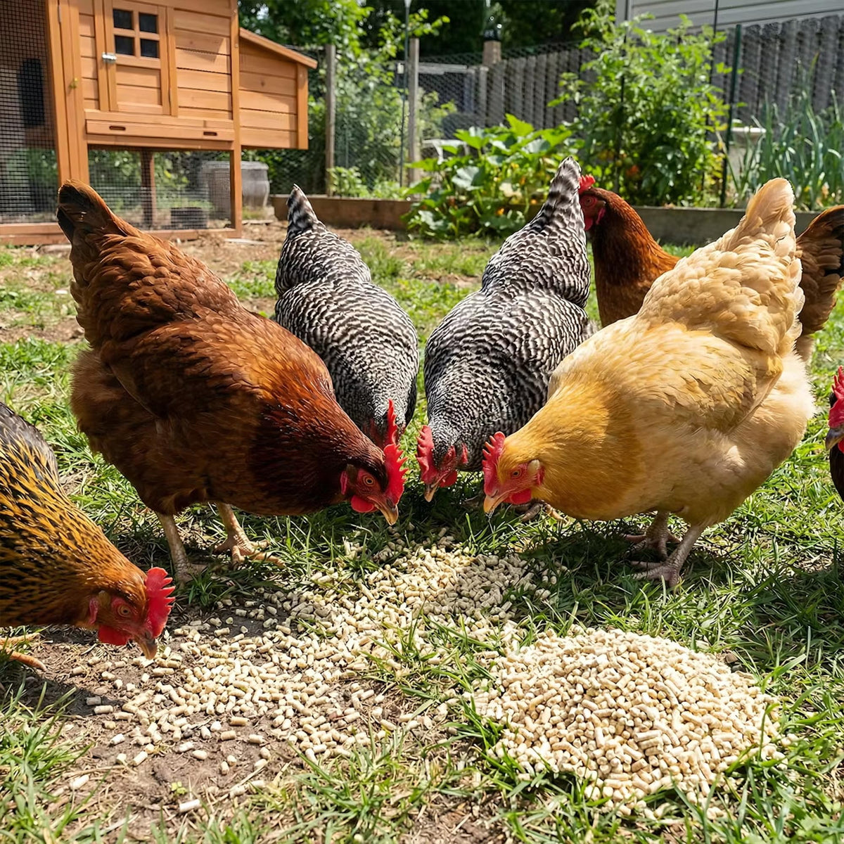 Premium Poultry Layer Pellet feeder scene highlights reduced waste.