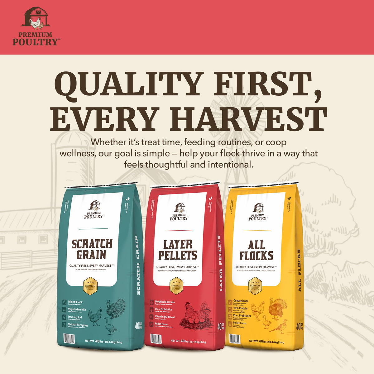 Made in USA badge on bag reinforces trusted ingredients for Poultry Layer Pellet.