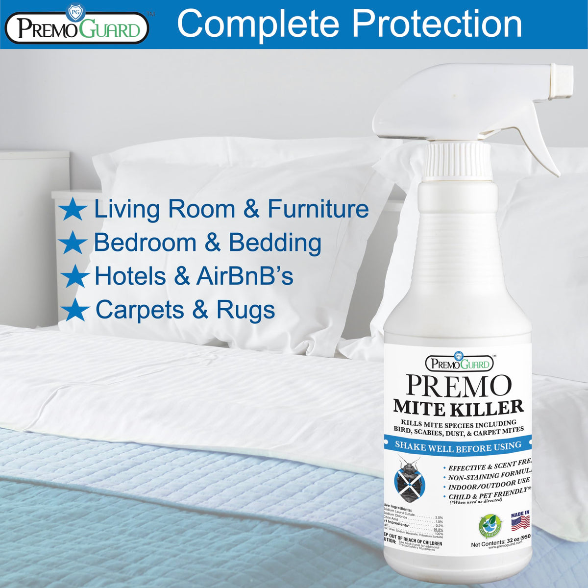 Premo Guard bottle pour for easy treatment on fabrics.