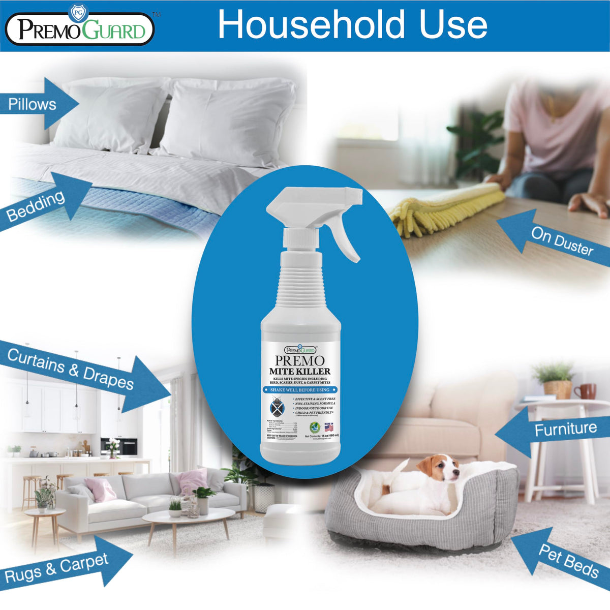 Premo Guard non-staining and scent-free on bedding and upholstery.