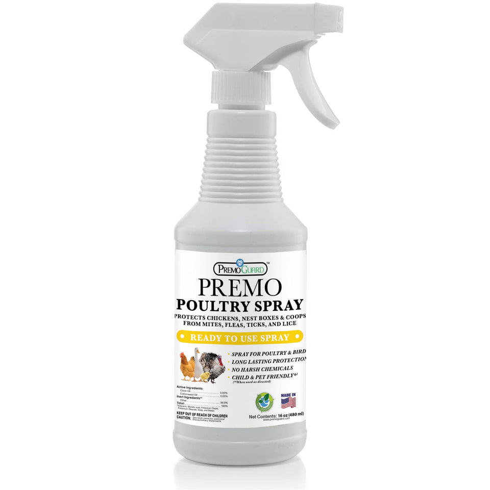 Premo Guard Poultry Spray bottle showing natural pest control for chickens