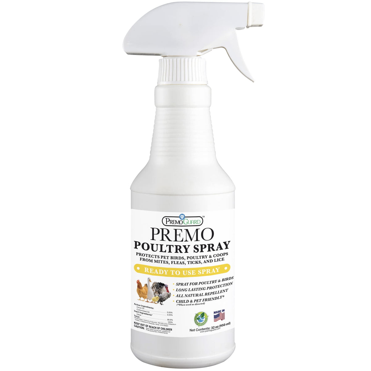 Premo Guard Poultry Spray bottle for natural pest control in chicken housing.