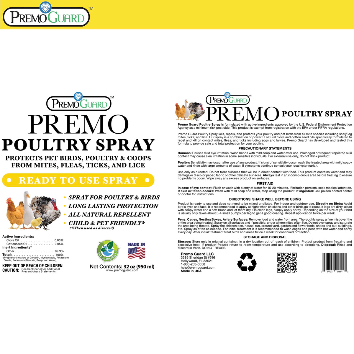 Premo Guard Poultry Spray logo highlights natural, plant-based pest control.