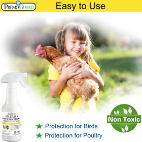 Premo Guard Poultry Spray applied on chickens for safe mite and lice control.