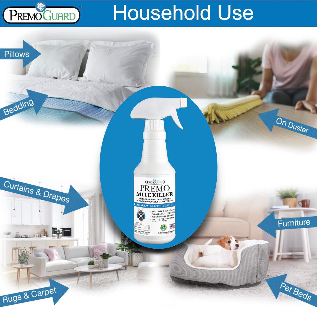 Premo Guard surface spray for furniture and bedding with non-staining, scent-free performance