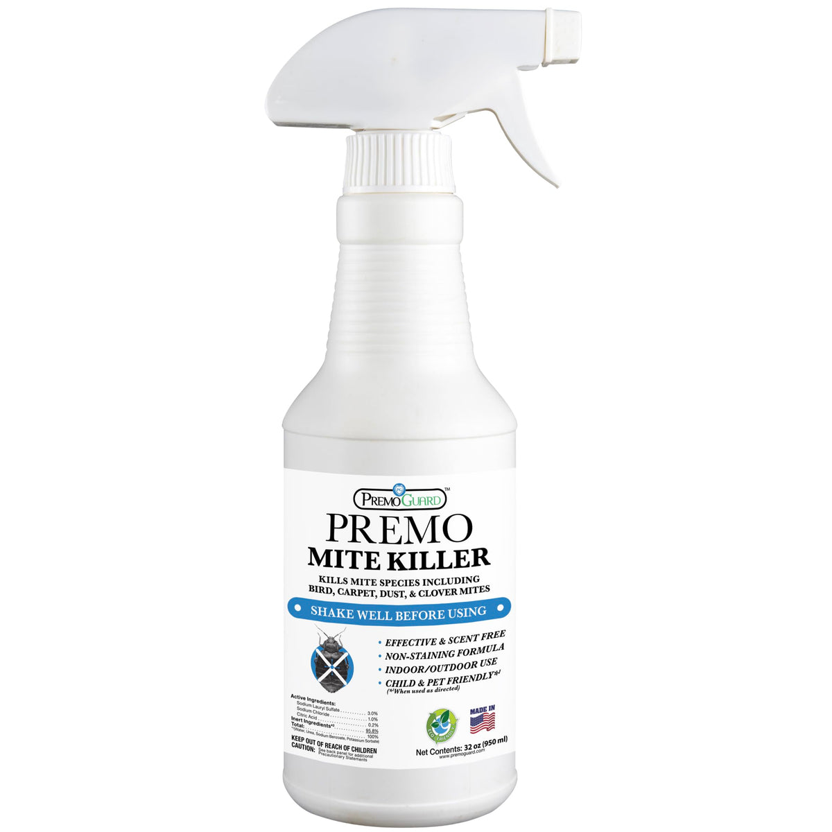 Premo Guard natural mite spray 32 oz bottle for safe, family-friendly mite control at home