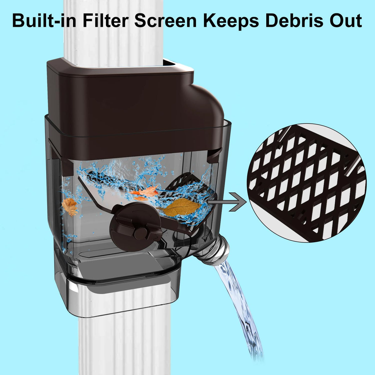 Prestantious downspout diverter with high-efficiency channel directs most rainfall into the barrel.