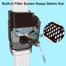 Prestantious downspout diverter with high-efficiency channel directs most rainfall into the barrel.