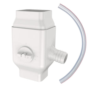 Prestantious downspout diverter assembly guiding rain to a barrel