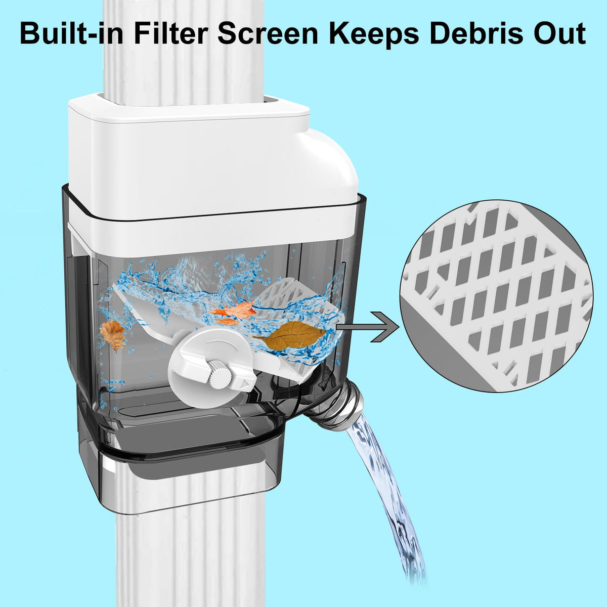 Prestantious built-in filter screen keeps debris out of the rain barrel for cleaner water.