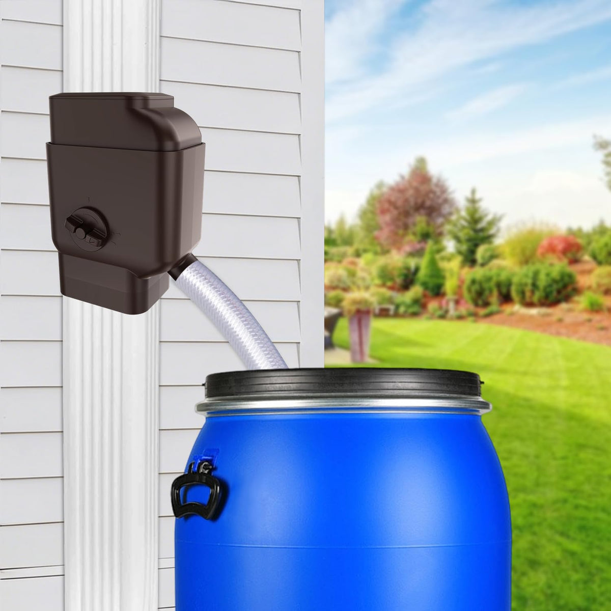 Prestantious diverter with built-in filter screen keeps debris out of your rain barrel.